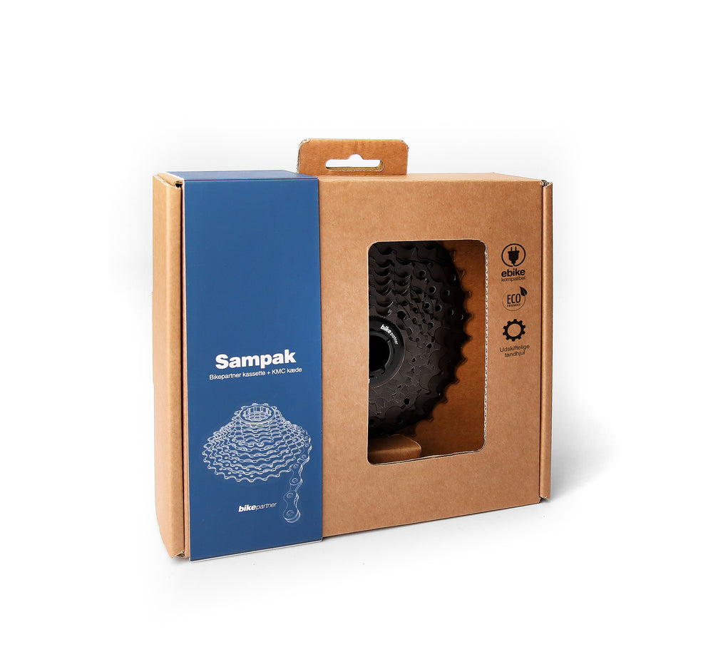 Sampak Bikepartner E-bike 8sp 11-32t Road/MTB (sort med KMC E8 EPT 1/2x3/32" kæde (sølv/sort) 122 led. 11-13-15-18-21-24-28-32t