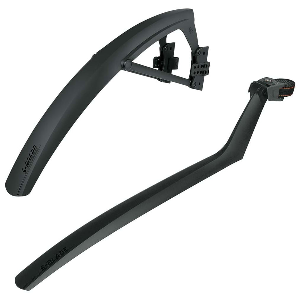 Skærmsæt SKS S-Blade + S-Board til cykler, der beskytter mod sprøjt og mudder, i sort farve.