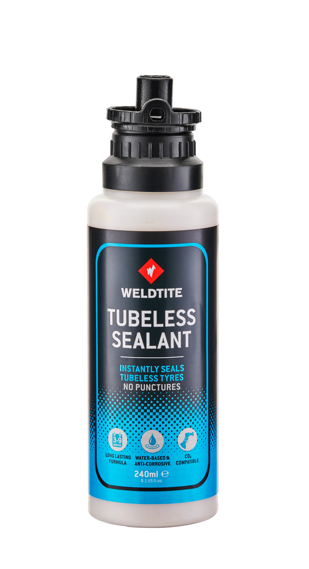 Weldtite Tubeless Tyre Sealant (240 ml). Lappevæske til tubeless, kan bruges sammen med CO2. Med Med Rubber Shred; små 3 mm stykker af genbrugsdæk.