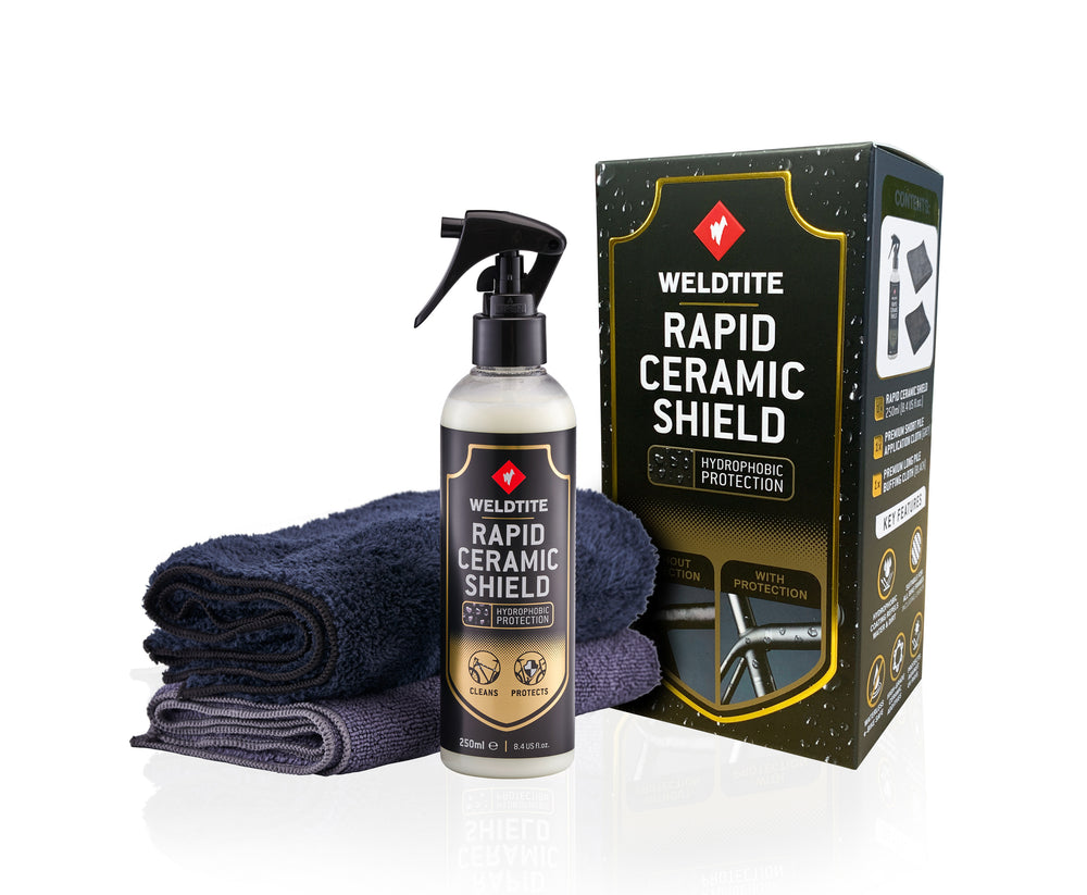 Cykelglansspray 250 ml med rengøringsklud 1x sort 1x grå Rapid ceramic shield Weldtite