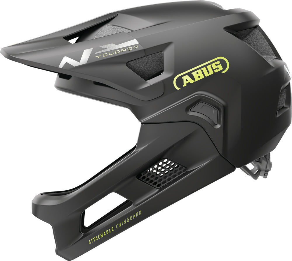 MTB hjelm Abus YouDrop FF i farven Velvet Black set fra siden, designet til sikkerhed og komfort under cykelture.