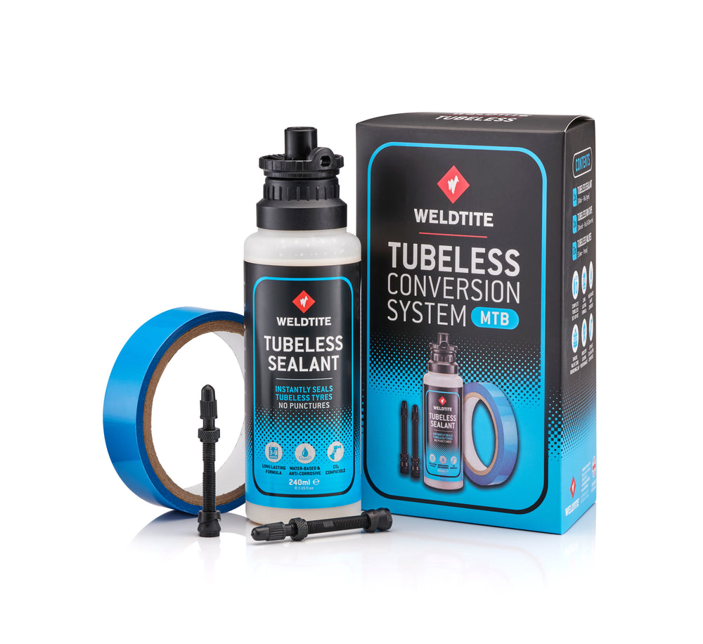 Tubeless Conversion System - MTB Weldtite 2x55 mm prestaventil, 10 m. x 24 mm. tubeless tape og 240 ml. tubeless tire sealant.