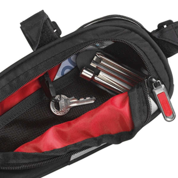 Abus Steltaske Oryde ST 2200 i sort, med justerbare stropper og reflekterende detaljer, ideel til cykelture og opbevaring af nødvendigheder.
