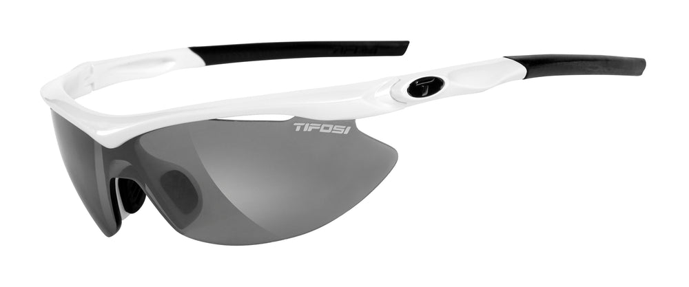 Sunglasses Tifosi Slip in Pearl White with Smoke, AC Red, and Clear lenses, showcasing a sleek and sporty design ideal for outdoor activities.