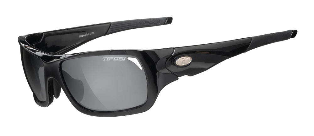 Tifosi Duro solbriller i gloss black med smoke, AC red og clear linser, ideelle til sport og udendørs aktiviteter.