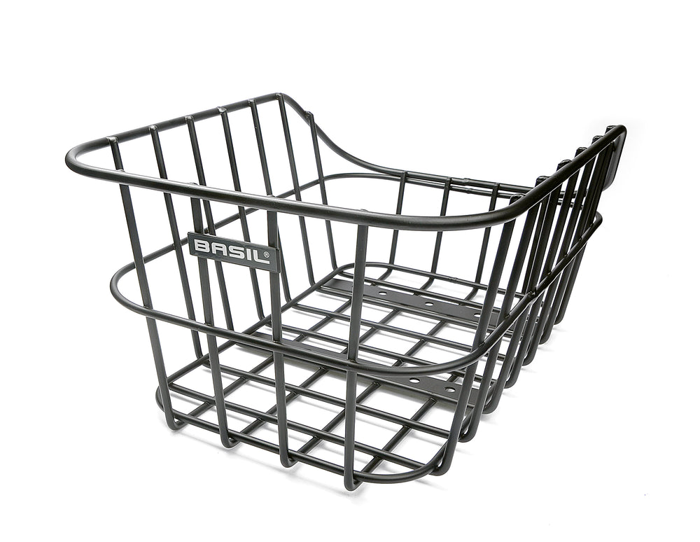 Basil CENTO ALU kurv (sort) til montering på bagagebærer (bag). Skrånende sider giver mere benplads. Monteringsbeslag inkluderet.