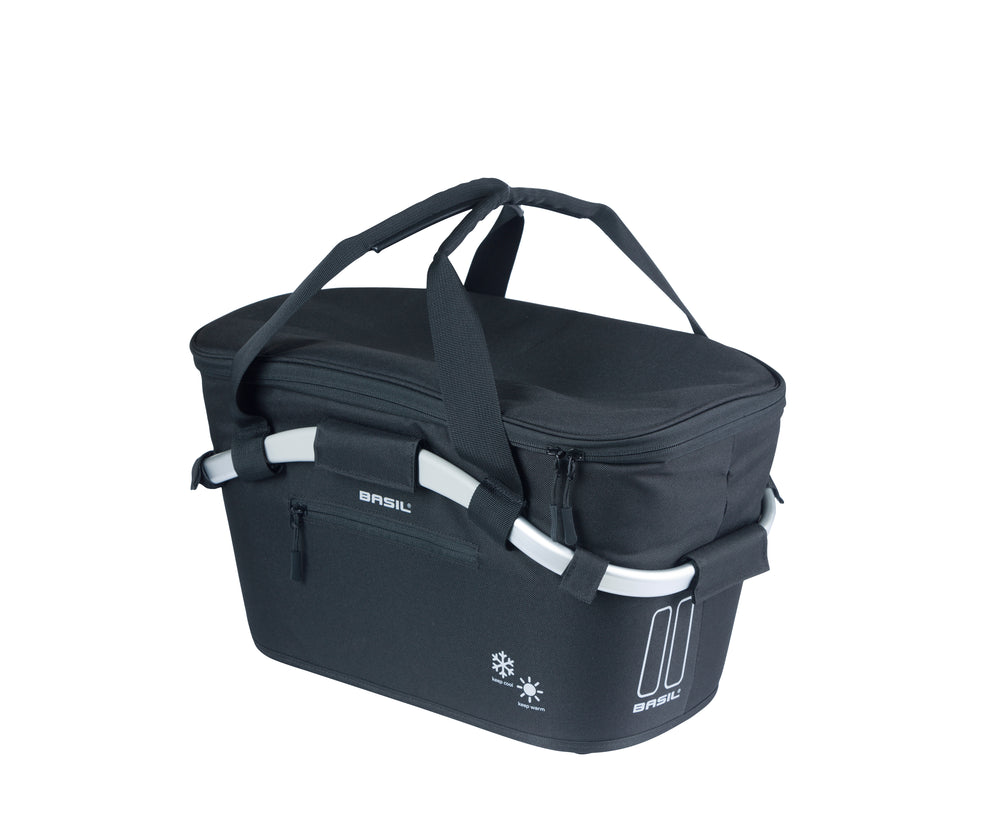 Basil ISO Carry All kurv (sort) med MIK. Køletaske & kurv til MIK-bagagebærer. Bæreevne 10 kg, Dimensioner: 38x21x27cm, volumen: 18 L.