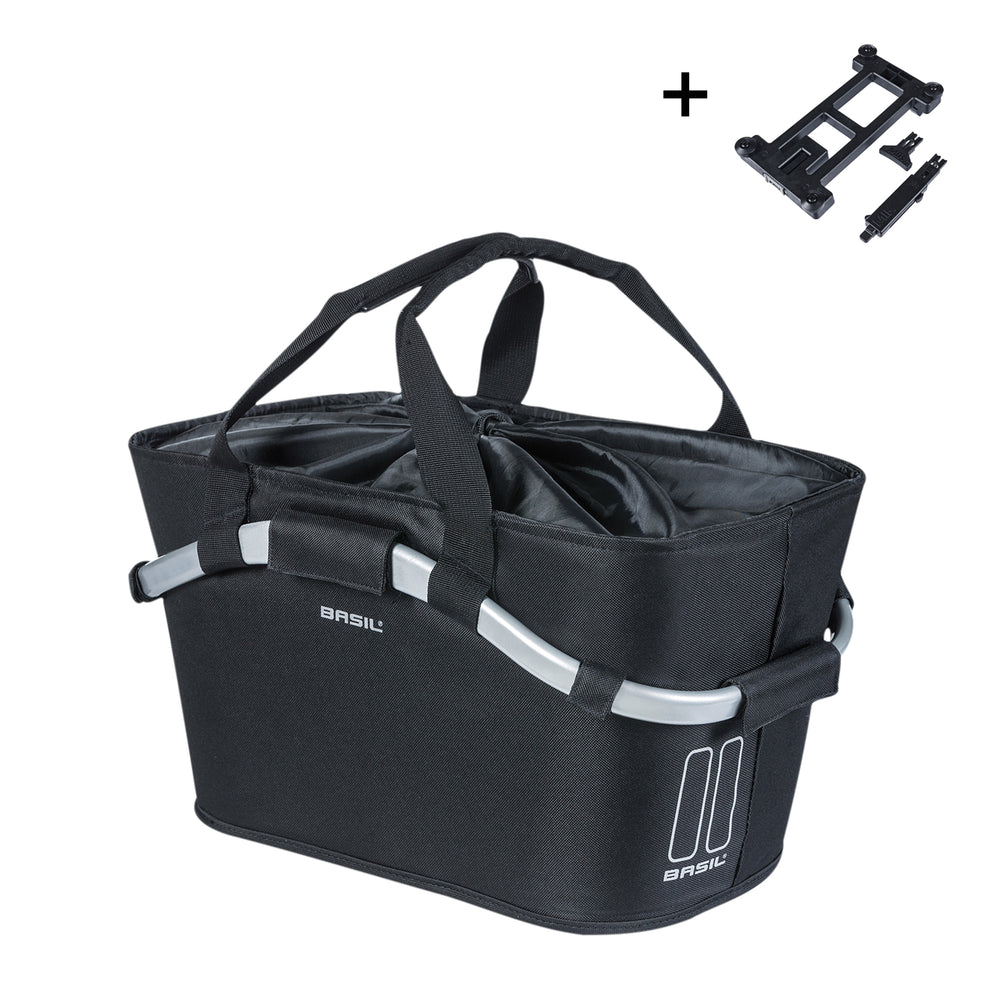 Basil Carry All kurv (sort) med MIK 2.0 Cykelkurv til bagagebærer (MIK). Bæreevne 10 kg, dim. 50 x 28 x 26 cm, vol. 22 L.