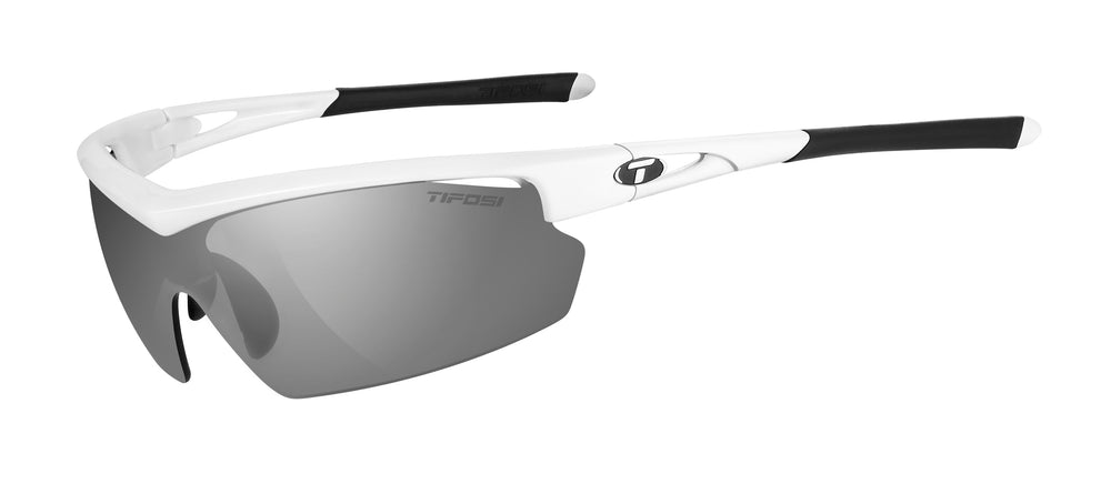 Sunglasses Tifosi Talos in Pearl White with Smoke and AC Red lenses, displayed on a white background.