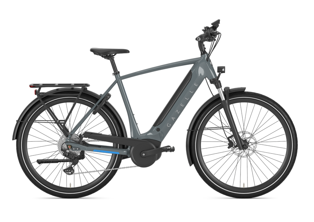Billede af Gazelle Ultimate T10 HMB cykel i Thunder Grey, der står oprejst med en moderne ramme, ergonomiske detaljer og robuste dæk, perfekt til både bykørsel og længere ture.