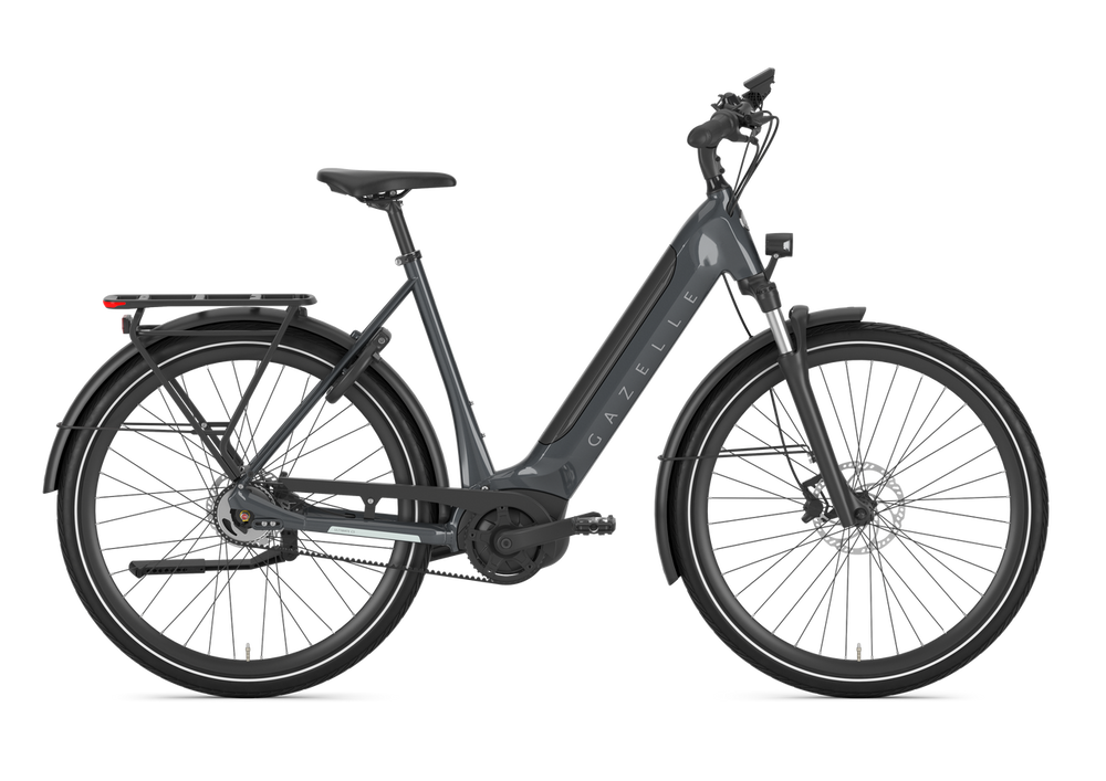 Gazelle Ultimate C5 Dame Anthracite Grey 2025 cykel i grå farve, set fra siden med elegant design og robust stel.