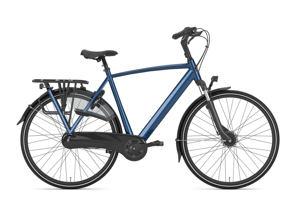 Gazelle Orange C7 Herre Mallard Blue 2025 cykel i blå farve, set fra siden med sort sadel og styr.