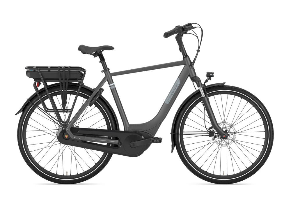 Gazelle Paris C7 Herre Anthracite Grey 2025 cykel i antracitgrå farve, set fra siden med sort stel og sølvdetaljer.
