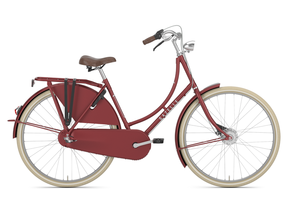 Billede af Gazelle Classic Dame cykel i farven Ruby Red, med elegant design og komfortable detaljer, ideel til bykørsel og daglig brug.
