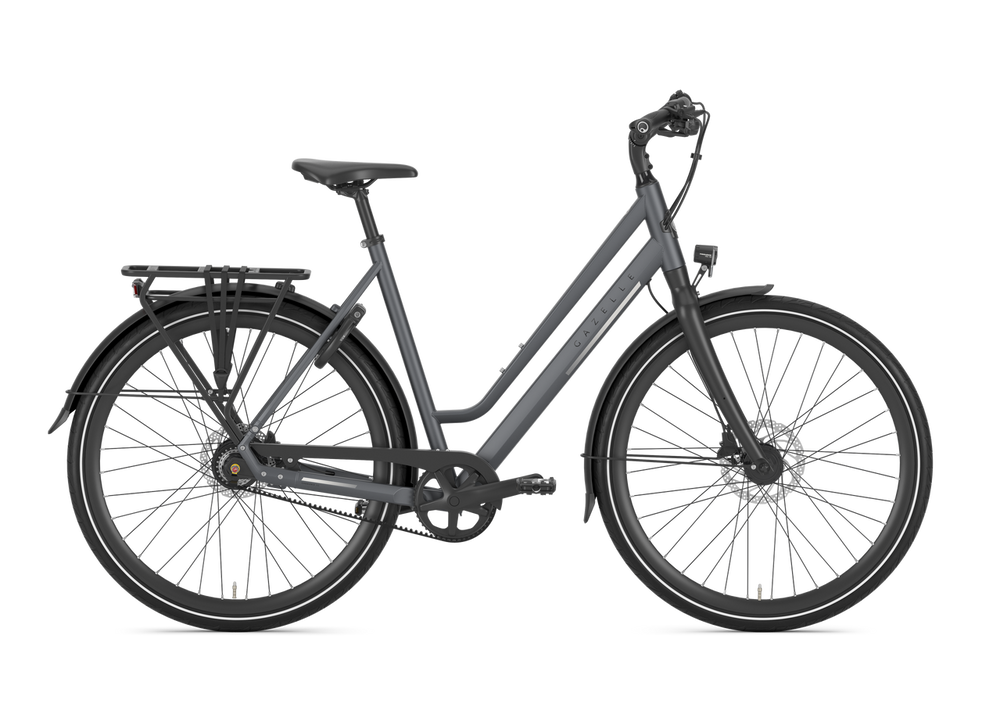 Damecykel Gazelle Chamonix S11 i farven Cloud Grey, stående på en græsplæne med en klar blå himmel i baggrunden.