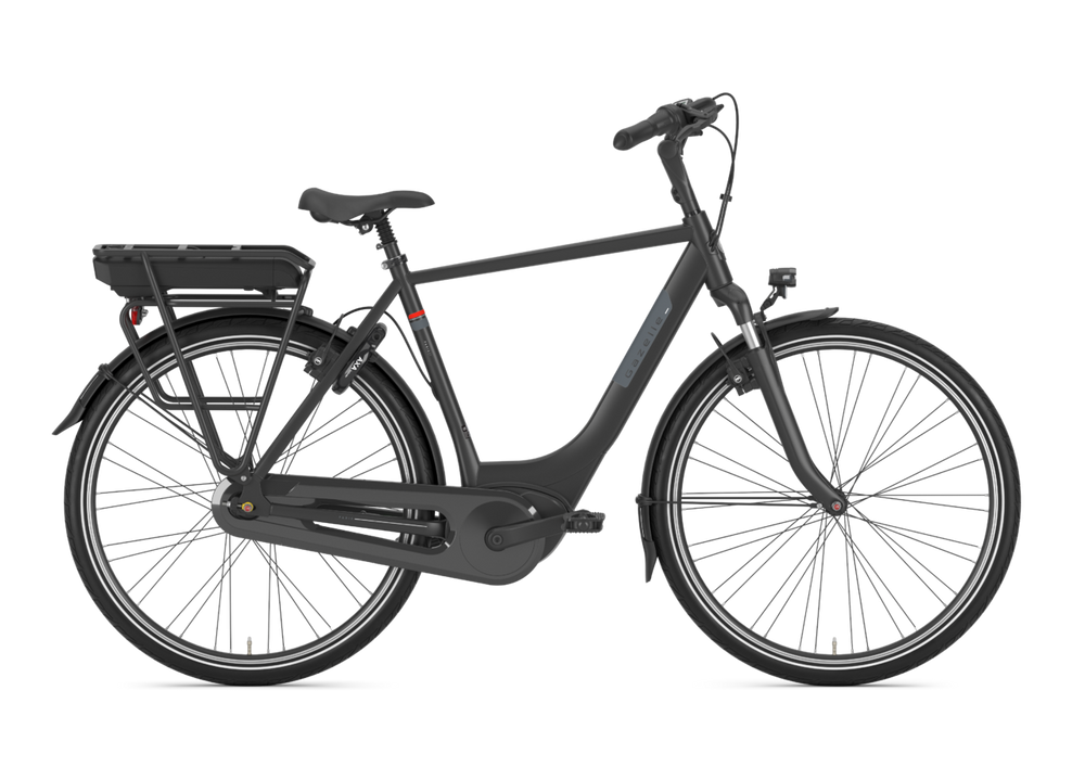 Sort Gazelle Paris C7+ HMB R7H cykel med komfortabelt sæde og ergonomisk design, ideel til bykørsel.