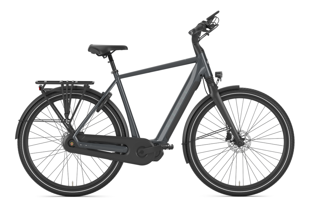 Gazelle Chamonix C7 HMS i antracitgrå, en stilfuld og komfortabel elcykel med en ergonomisk designet ramme, udstyret med kvalitetskomponenter til en glidende køreoplevelse.