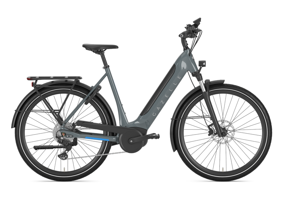 Elcykel Gazelle Ultimate T10 HMB i farven Thunder Grey. Cyklen har et moderne design, komfortable sæder og er udstyret med en kraftfuld motor, der gør det nemt at cykle lange afstande. Perfekt til daglig pendling og fritid.