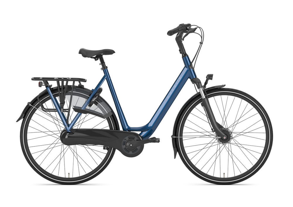 Gazelle Orange C7 Dame Mallard Blue 2025 cykel i elegant blå farve, set fra siden med kurv og komfortabelt sæde.