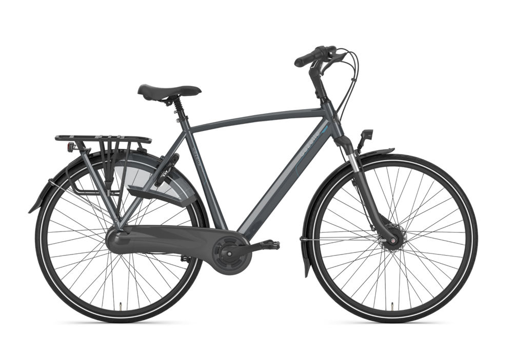 Herrecykel Gazelle Orange C7+ i anthracite grey med komfortabel sadel og ergonomiske håndtag, designet til bykørsel og længere ture.