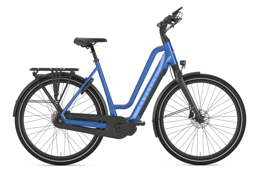 Gazelle Chamonix HMS Test E-Bike Dame Tropical Blue 2025, en elegant elcykel i tropisk blå farve, set fra siden.