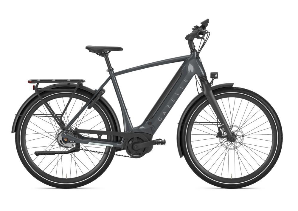 Elcykel Gazelle Ultimate C5 HMB i farven Anthracite Grey, med moderne design og komfortable funktioner, stående på en grå overflade.