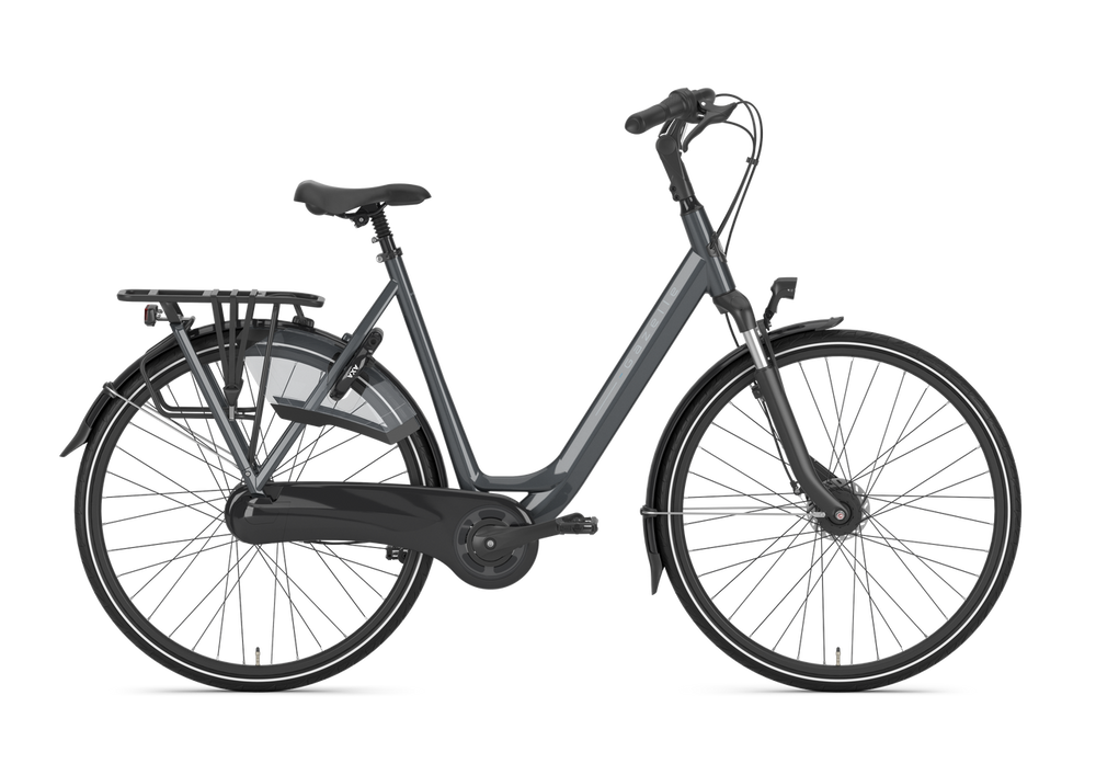 Gazelle Arroyo C7 Dame Anthracite Grey 2025 cykel i elegant grå farve, set fra siden med kurv og bagagebærer.