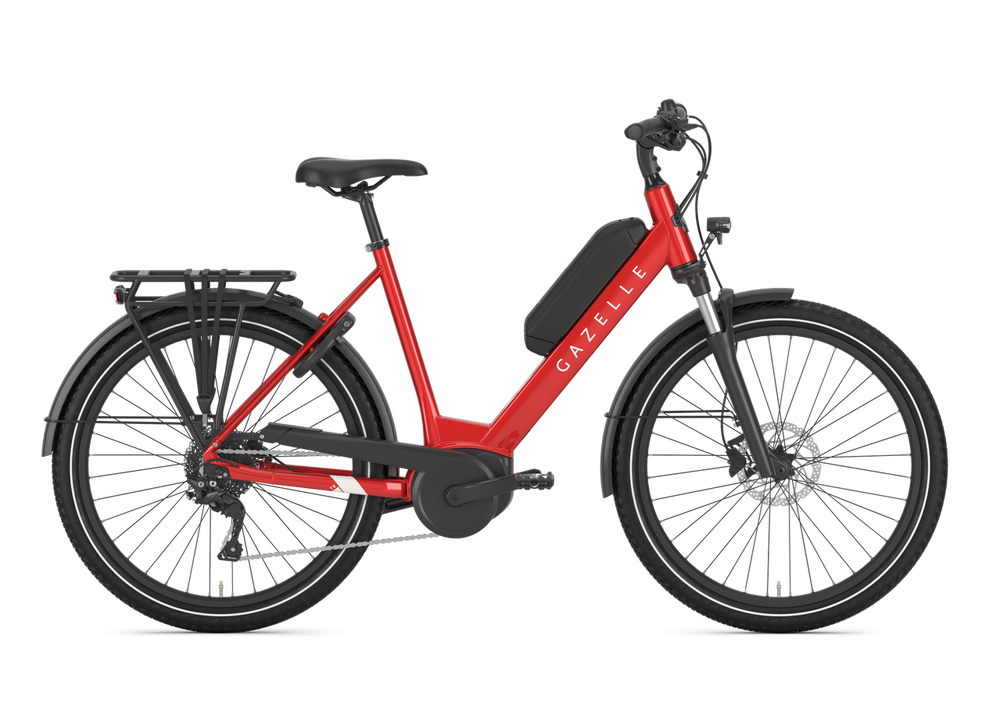 Billede af Gazelle Medeo T9 HMB cykel i Champion Red farve, model L, med en elegant design og robust ramme, perfekt til både bykørsel og længere ture.