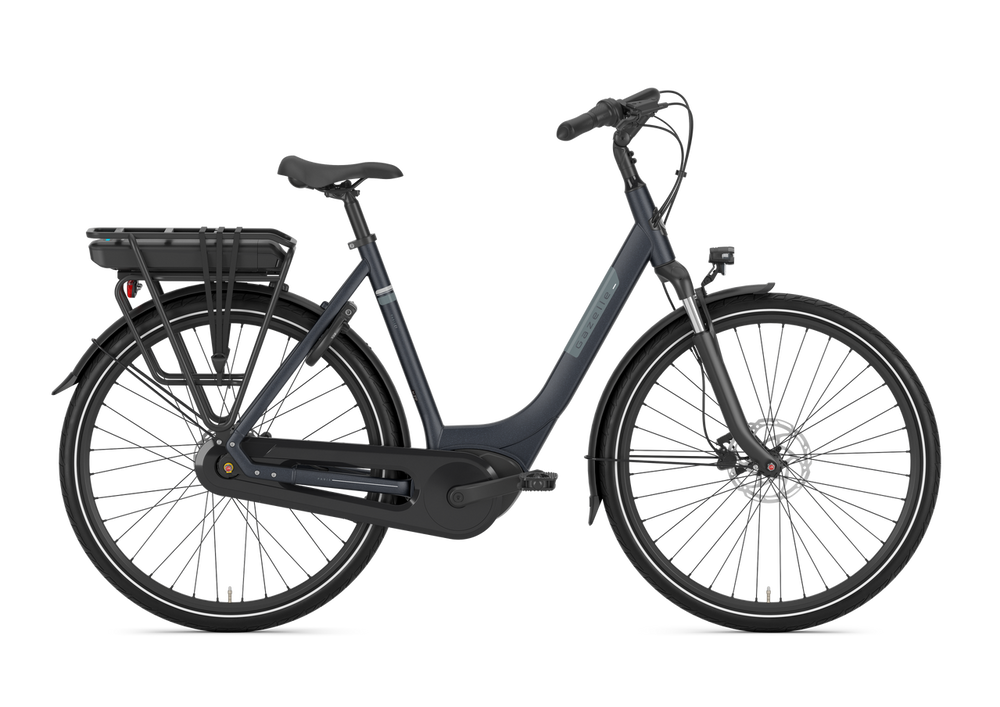 Gazelle Paris C7 Dame Graphite Blue 2025 cykel i grafitblå farve, set fra siden med elegant design og komfortabel saddel.