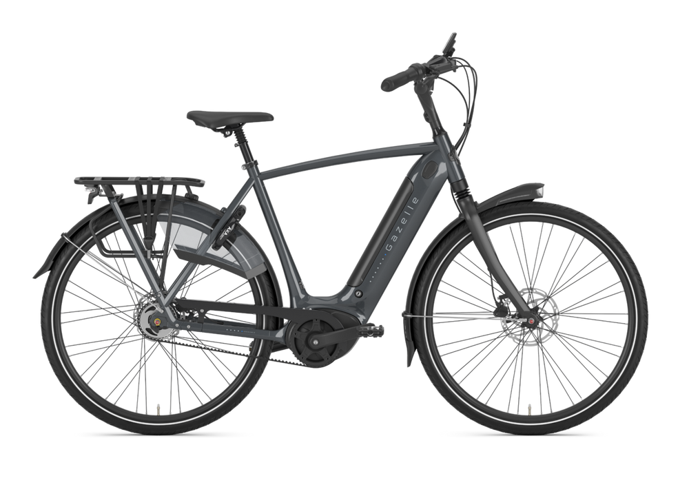Elcykel Gazelle Grenoble C5 HMB i farven Anthracite Grey, præsenteret i en moderne bymiljø.