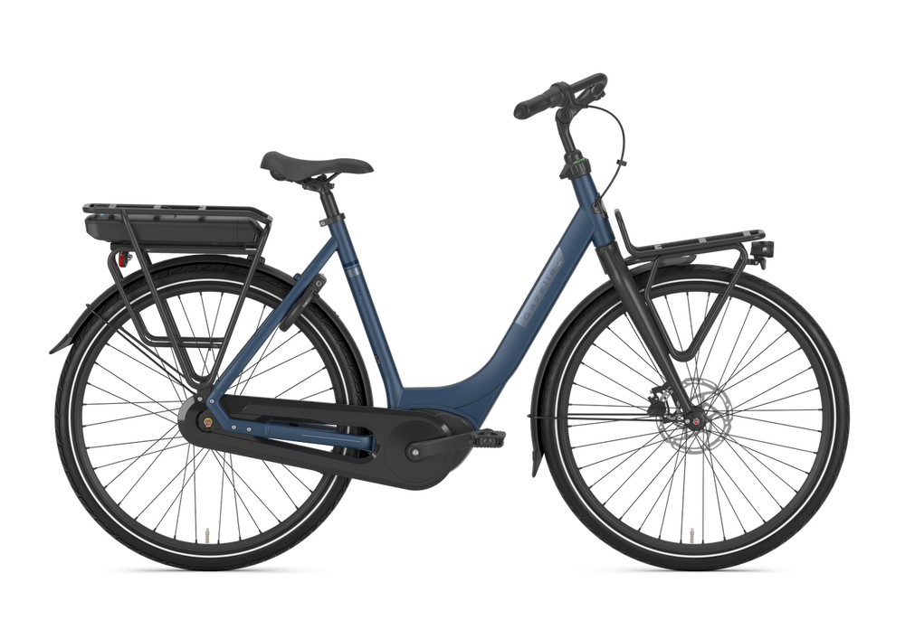 Gazelle Paris C7 Urban Dame Mallard Blue 2025 cykel med elegant design og blå farve, set fra siden.