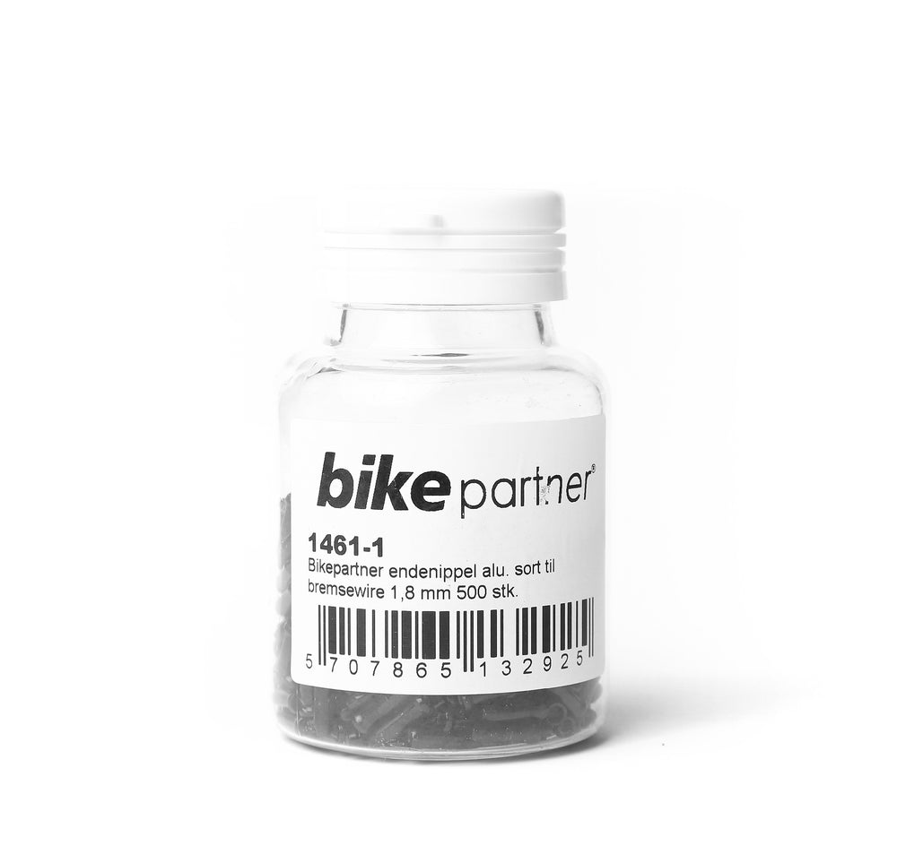 Endestop i aluminium (sort) fra BikePartner. Til bremsewire ø1,8 mm. Dåse med 500 stk.