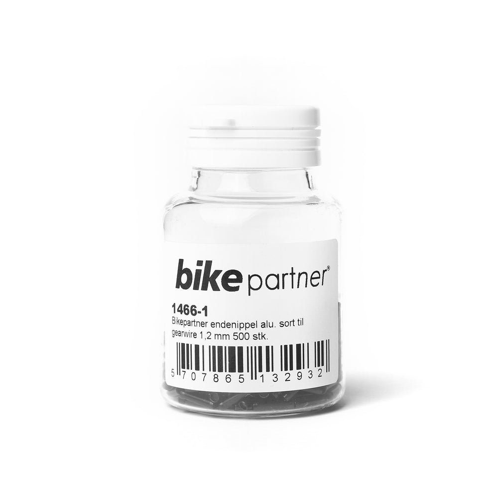 Endestop i aluminium (sort) fra BikePartner. Til gearwire ø1,2 mm. Dåse med 500 stk. Sort