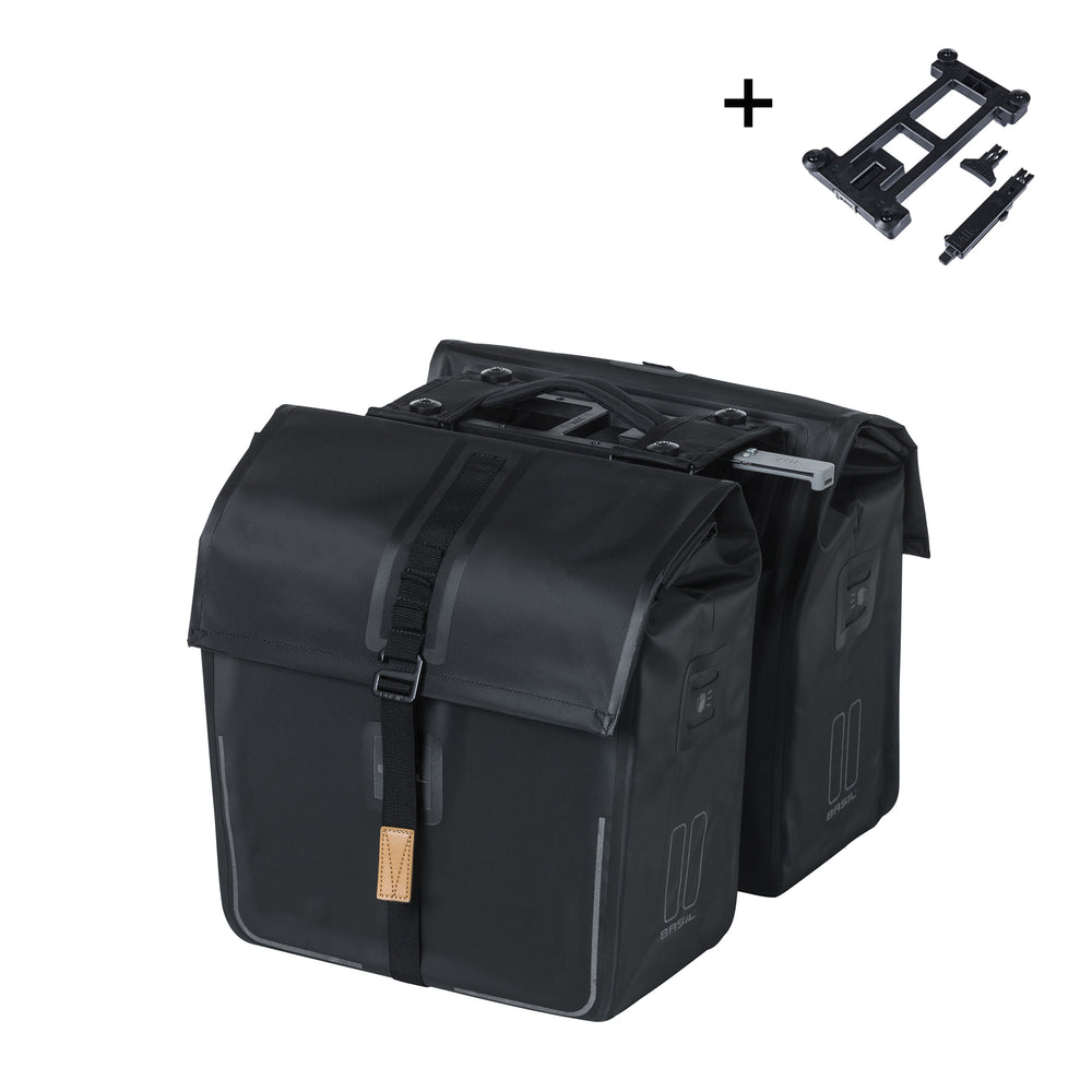 Taskesæt BASIL MIK Urban dry Sort Bag 42x17x36cm dobbel 50L, water proof. Inkl.MIK adapter på tasken.