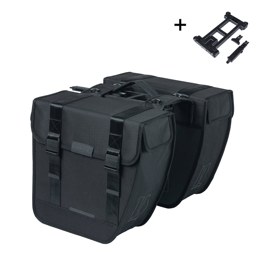 Taskesæt BASIL TOUR MIK 2.0 (sort). Taskesæt med bro & MIK 2.0 adapter plate. Dimension: 34x14x34cm. Volumen: 28 L