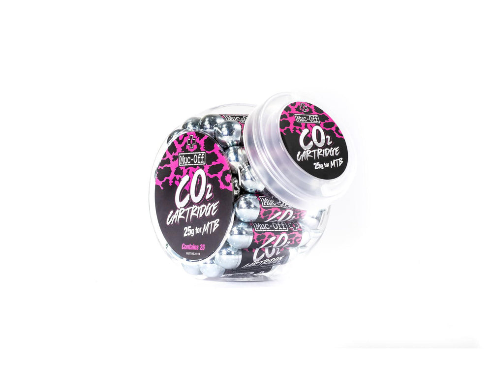 Mucoff 25 g CO2 cartridge til cykelslanger, effektiv løsning til hurtig oppumpning.