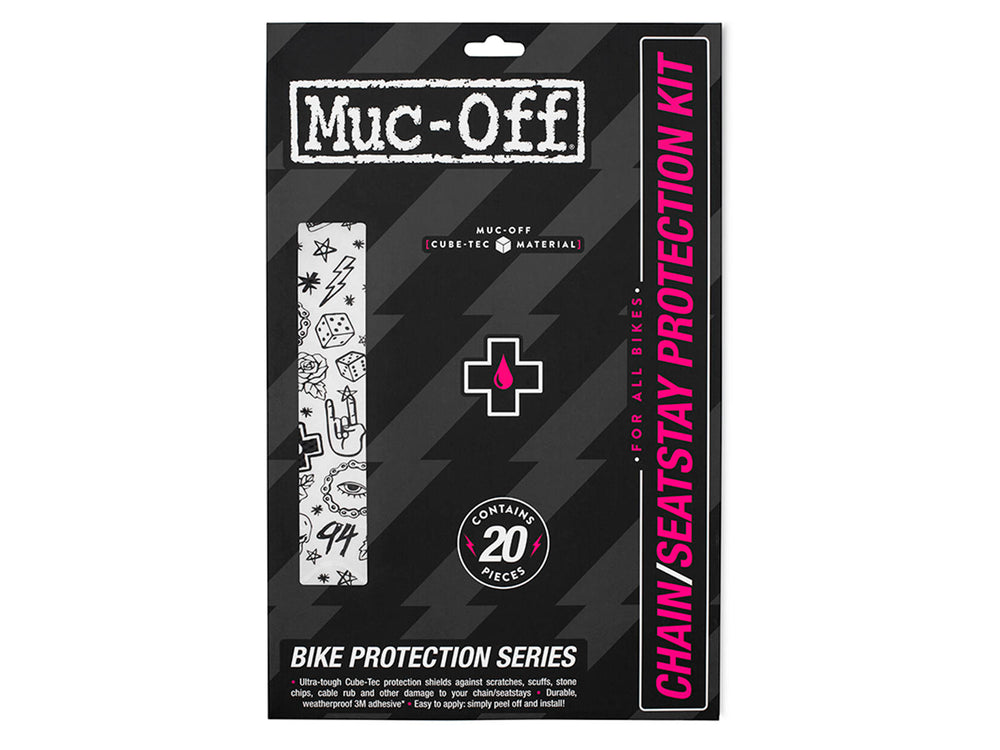 Mucoff Chainstay Kit - Beskyttelsesfilm til cyklens kædestay for at forhindre skader og slid, med en klar og holdbar overflade.
