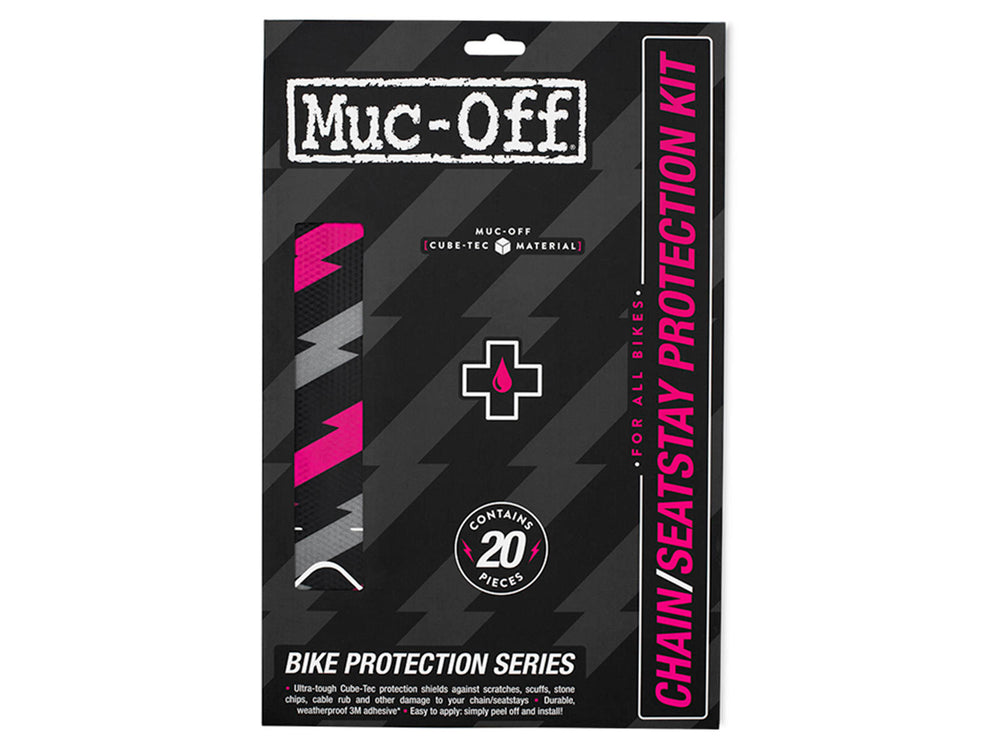 Mucoff Protection Kit med beskyttelsesprodukter til cykler, herunder rengøringsmidler og plejeprodukter, præsenteret på en hvid baggrund.