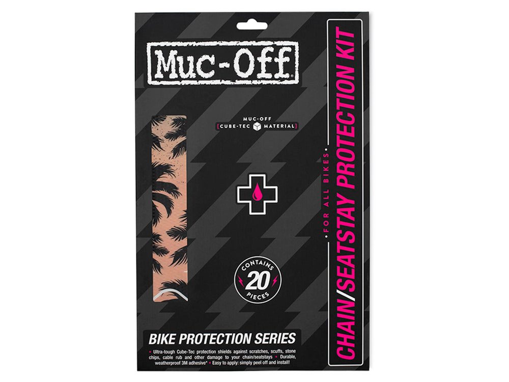 Mucoff Chainstay Kit til beskyttelse af cykelrammen, der inkluderer klæbende beskyttelsesfilm og instruktionsvejledning.