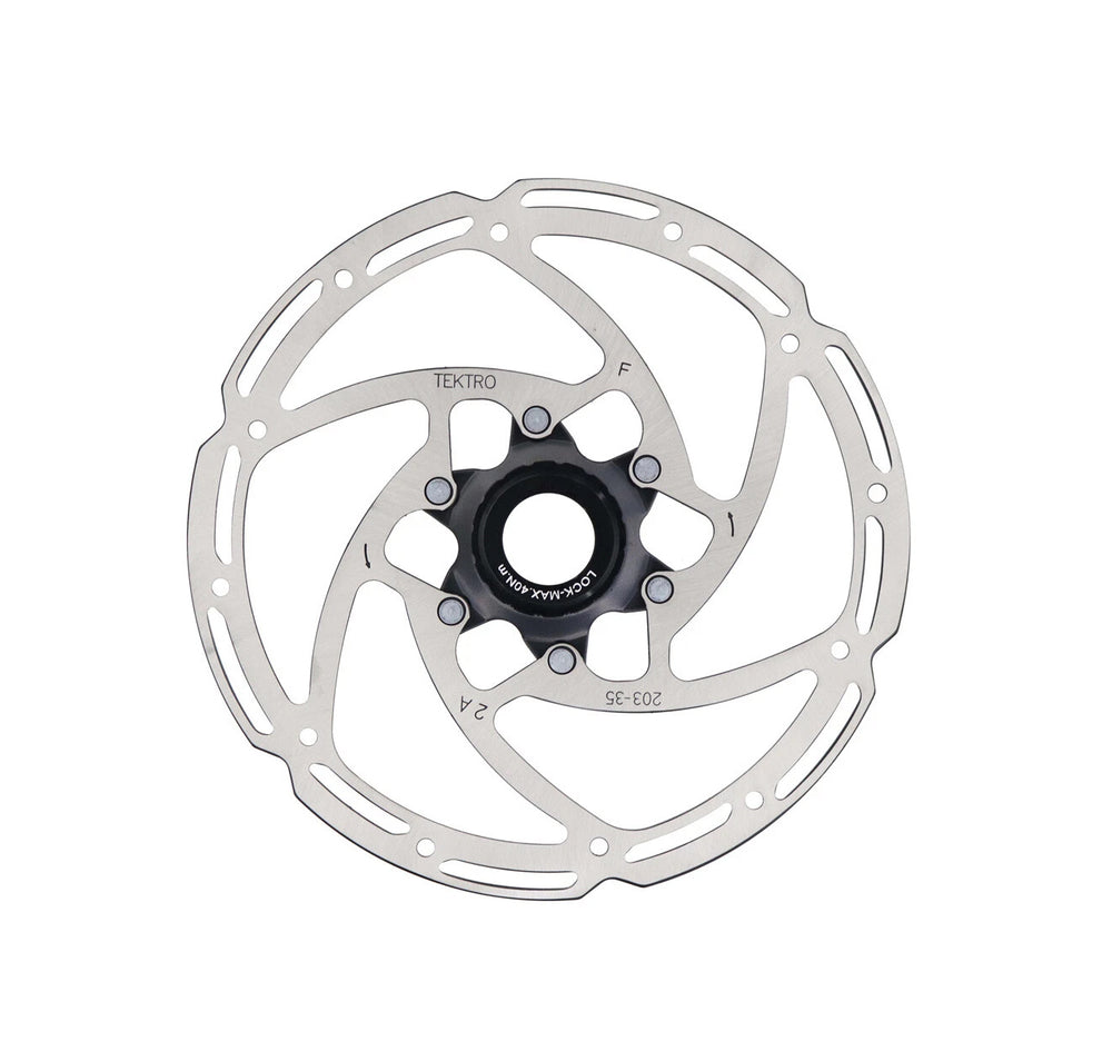 Tektro Ø203 2,3 mm, rustfri bremseskive til Centerlock. Stor effektmodulering, lang holdbarhed, afrunded kanter & slidindikator.
