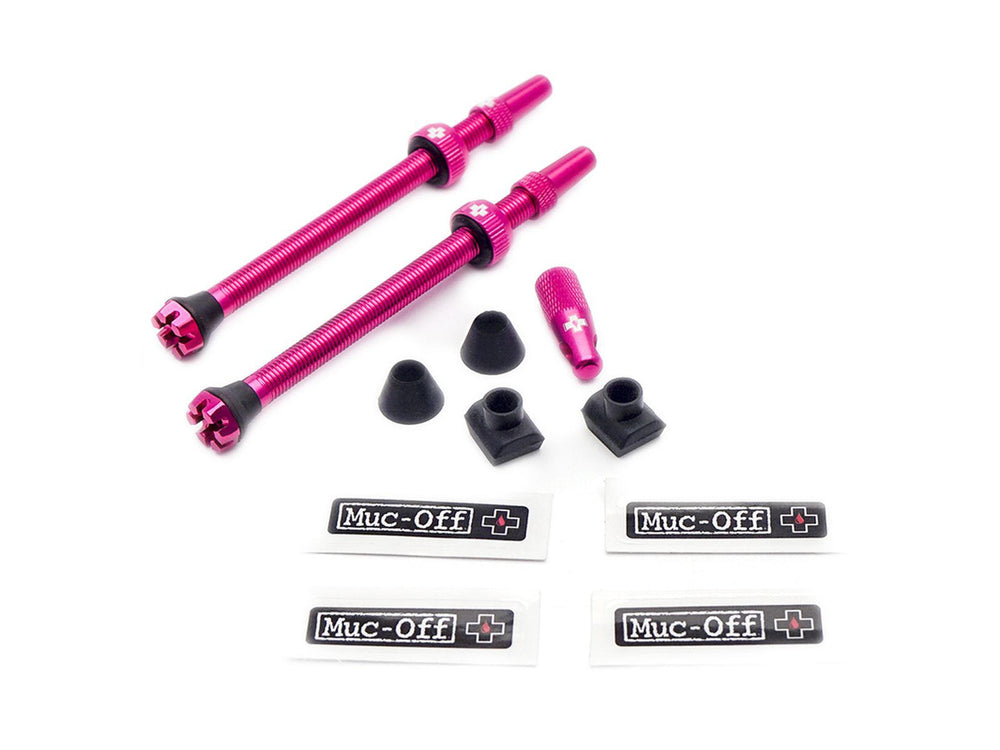Mucoff Tubeless Valve Kit V. 2.0 med sorte ventiler og tilbehør til tubeless cykeldæk.