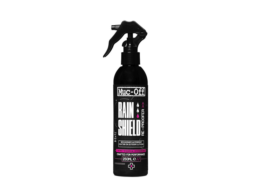 Mucoff Rain Shield Re-Proofer - En sprayflaske med vandafvisende beskyttelse til cykeltøj og gear, designet til at holde dig tør under regnvejr.