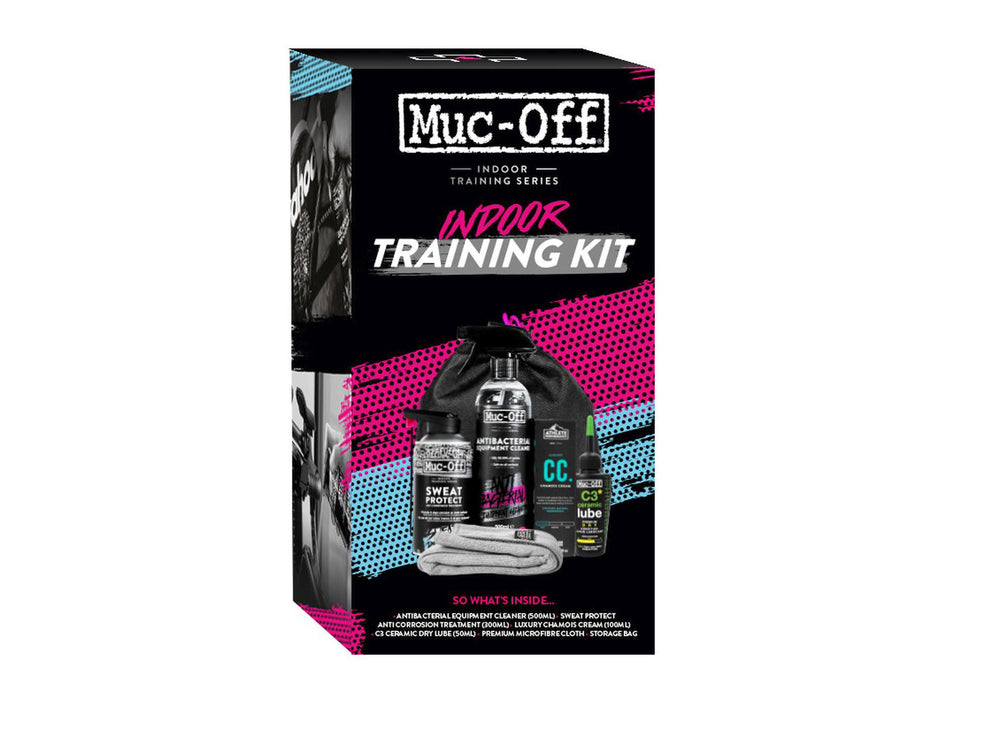 Mucoff Indoor training kit med tilbehør til cykeltræning indendørs, præsenteret på en neutral baggrund.