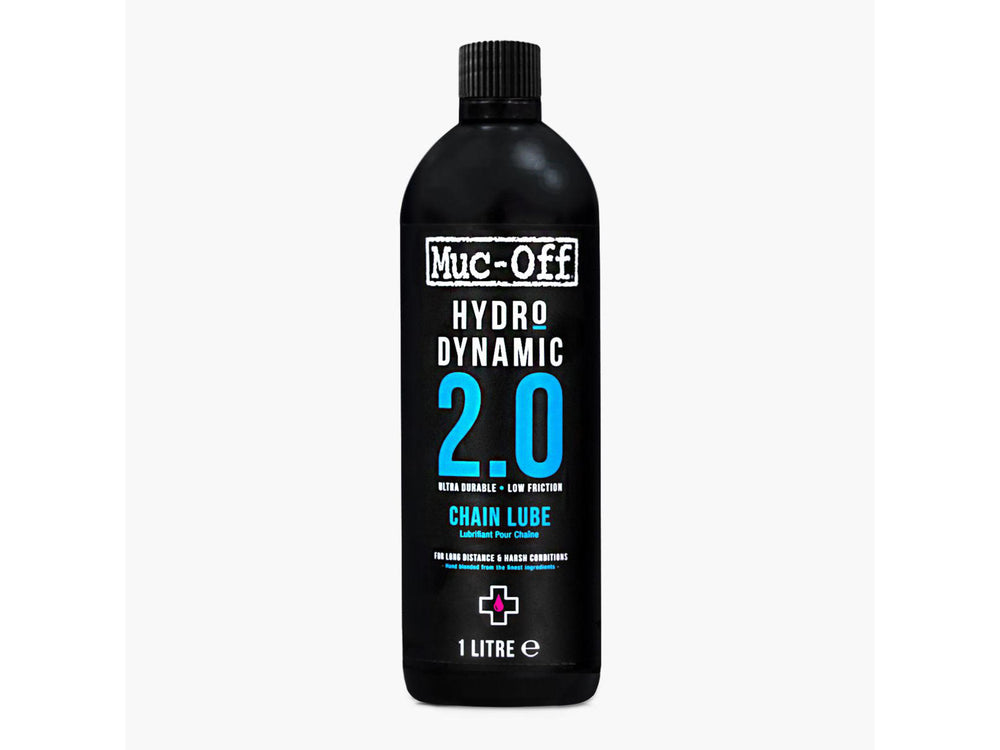 Flaske med Mucoff Hydrodynamic Lube 2.0, en højtydende smøremiddel designet til at reducere friktion og forbedre ydeevnen på cykler.