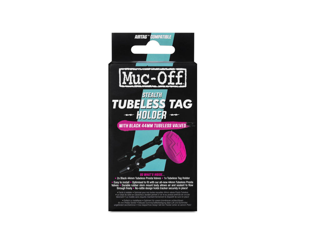 Mucoff Tubeless Tag Holder i sort, der viser en praktisk og holdbar løsning til opbevaring af cykelmærker, designet til at holde dem sikkert fastgjort under cykelture.