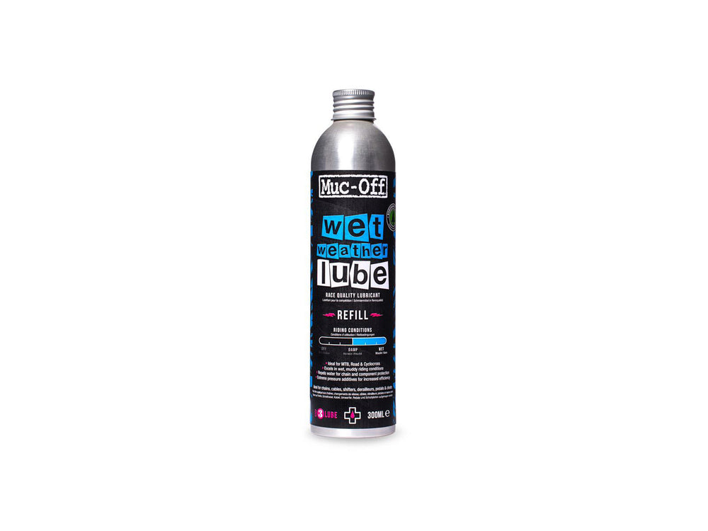 Flaske med Mucoff Wet Lube, en glidemiddel til cykler, der sikrer langvarig smøring under våde forhold.