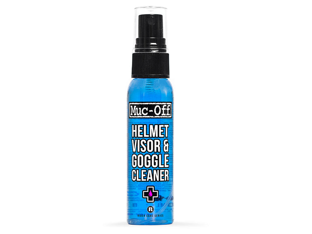 Muc-Off Visor, Lens and Goggle Cleaner i sprayflaske, designet til effektiv rengøring af visirer, linser og goggles.
