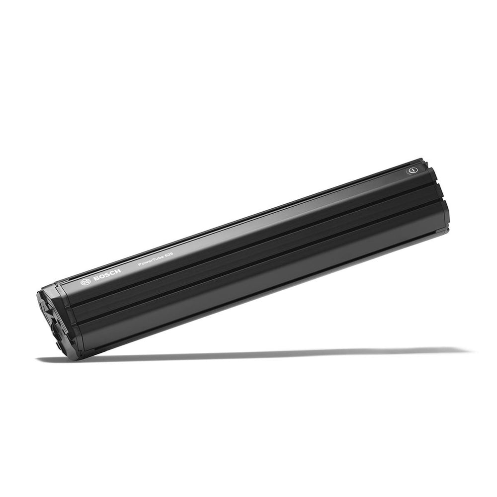 Bosch Batteri PowerTube 625Wh i vertikal position, designet til elektriske cykler, med fokus på høj kapacitet og effektiv energilagring.