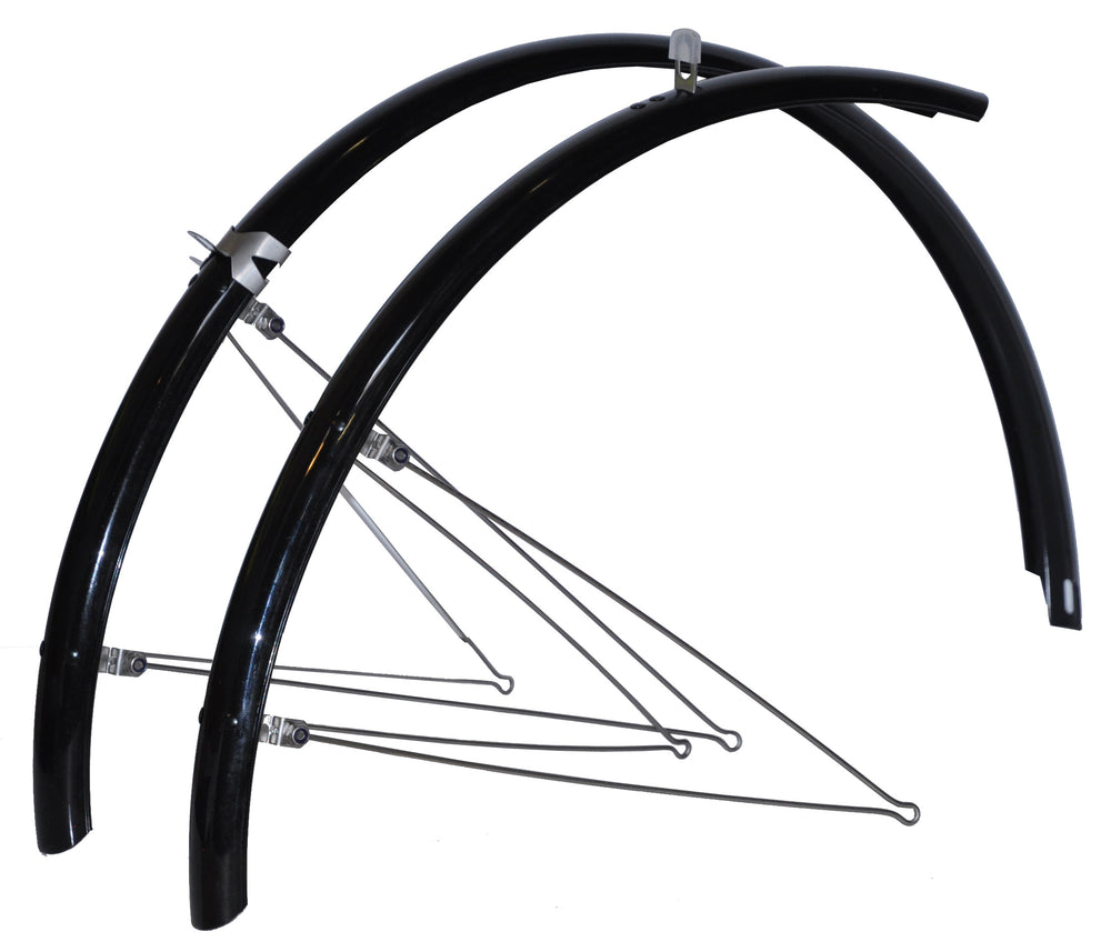 Bikepartner skærmsæt (sort) 700C, 50 mm med stivere i rustfrit stål. Sælges i pakker med 5 sæt. Papæsken er påtrykt nr.