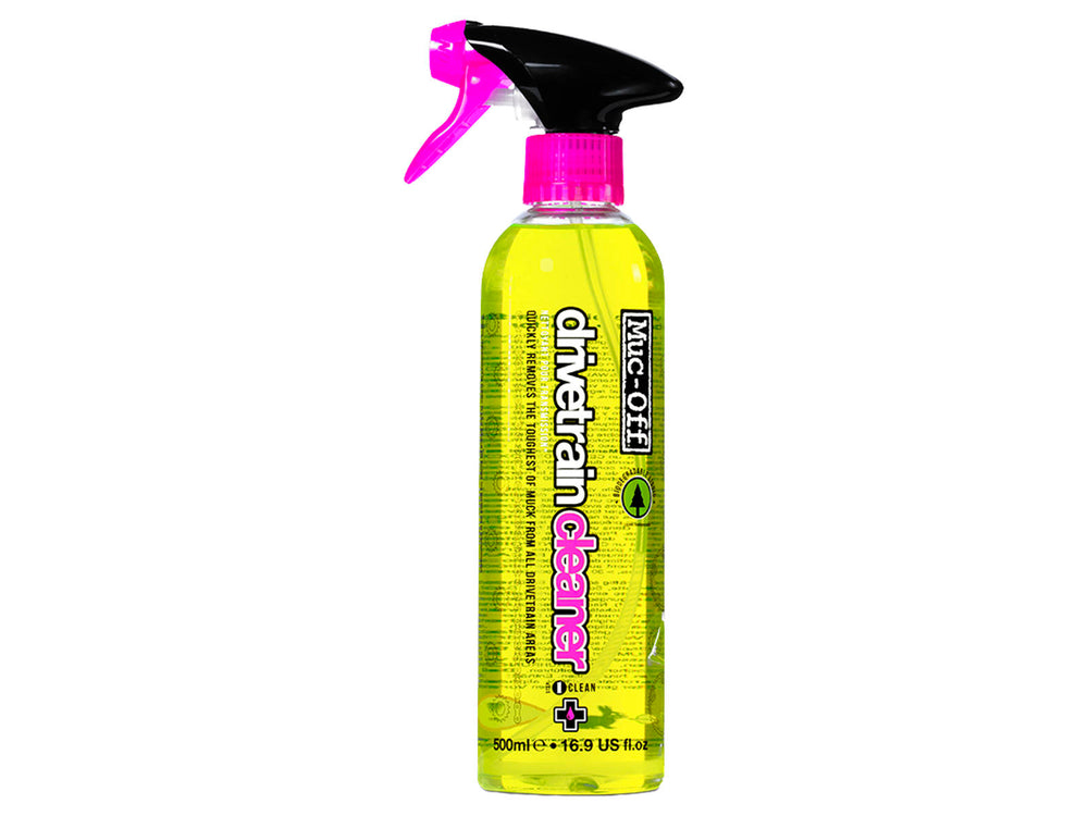 Flaske med Mucoff Bio Drivetrain Cleaner, en miljøvenlig rengøringsløsning til cykelkomponenter.